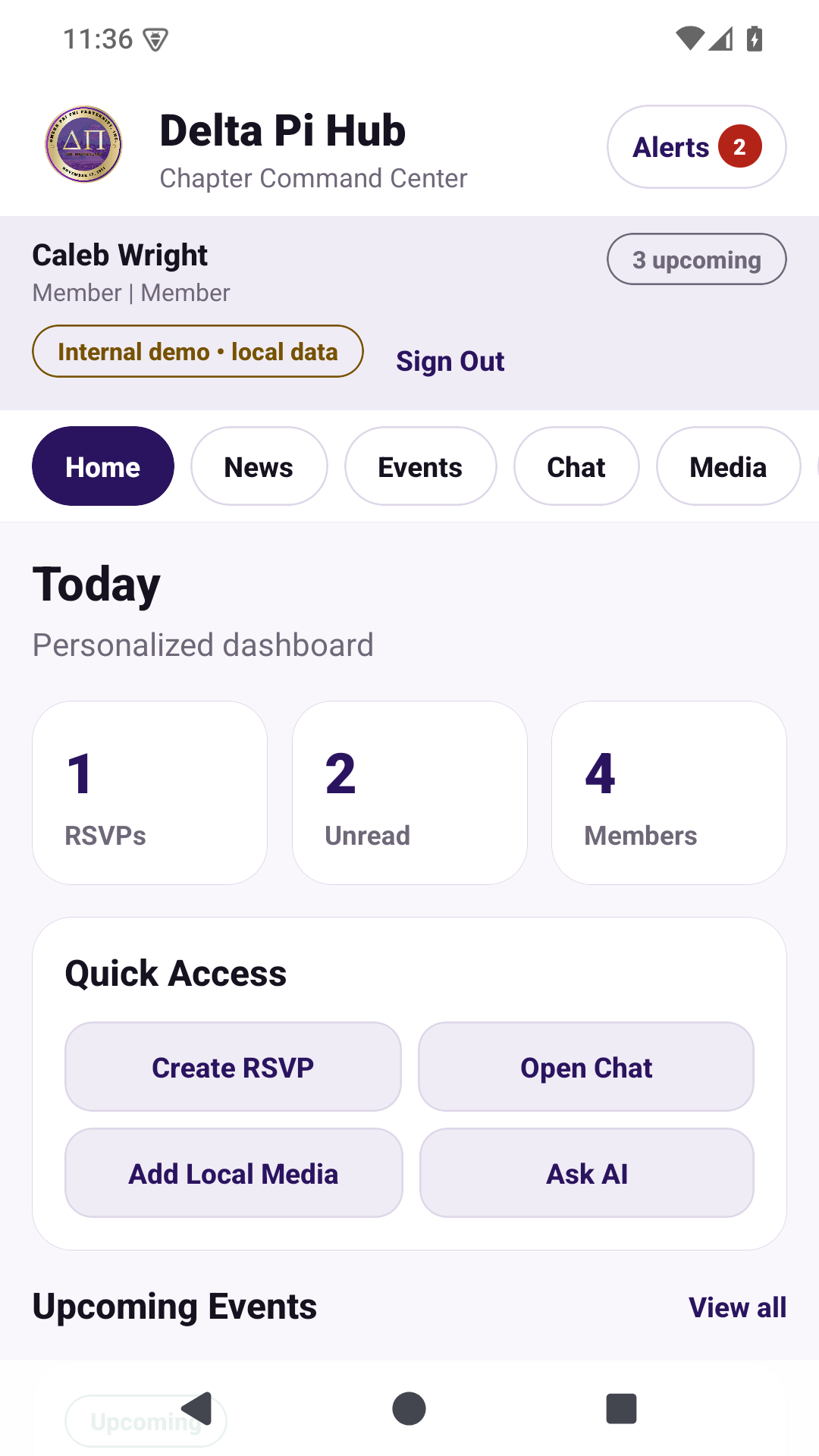 Delta Pi Hub Android 0.1.4 home screen with fictional on-device content