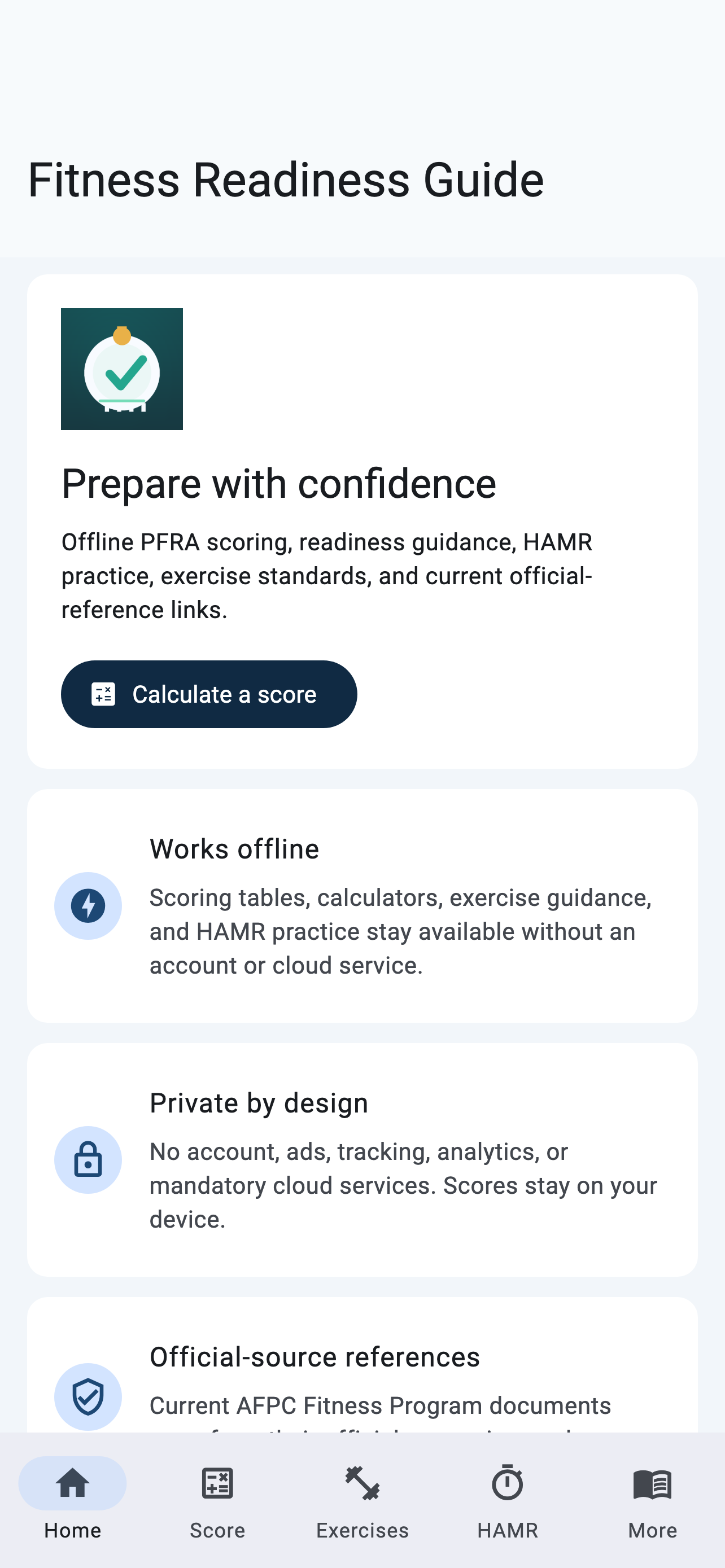 Fitness Readiness Guide home screen