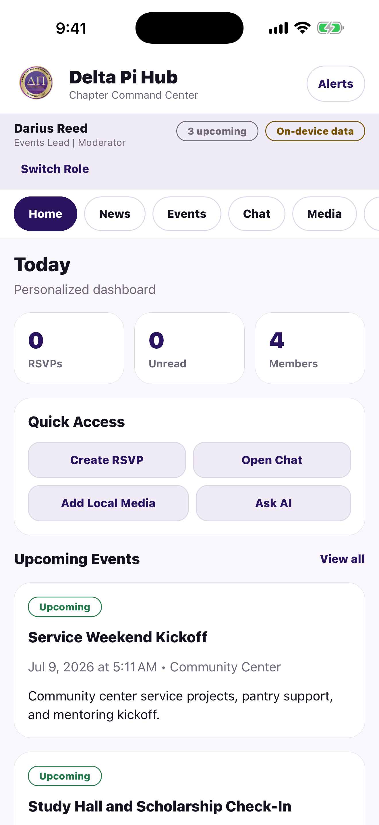 Delta Pi Hub iOS home dashboard showing fictional on-device content