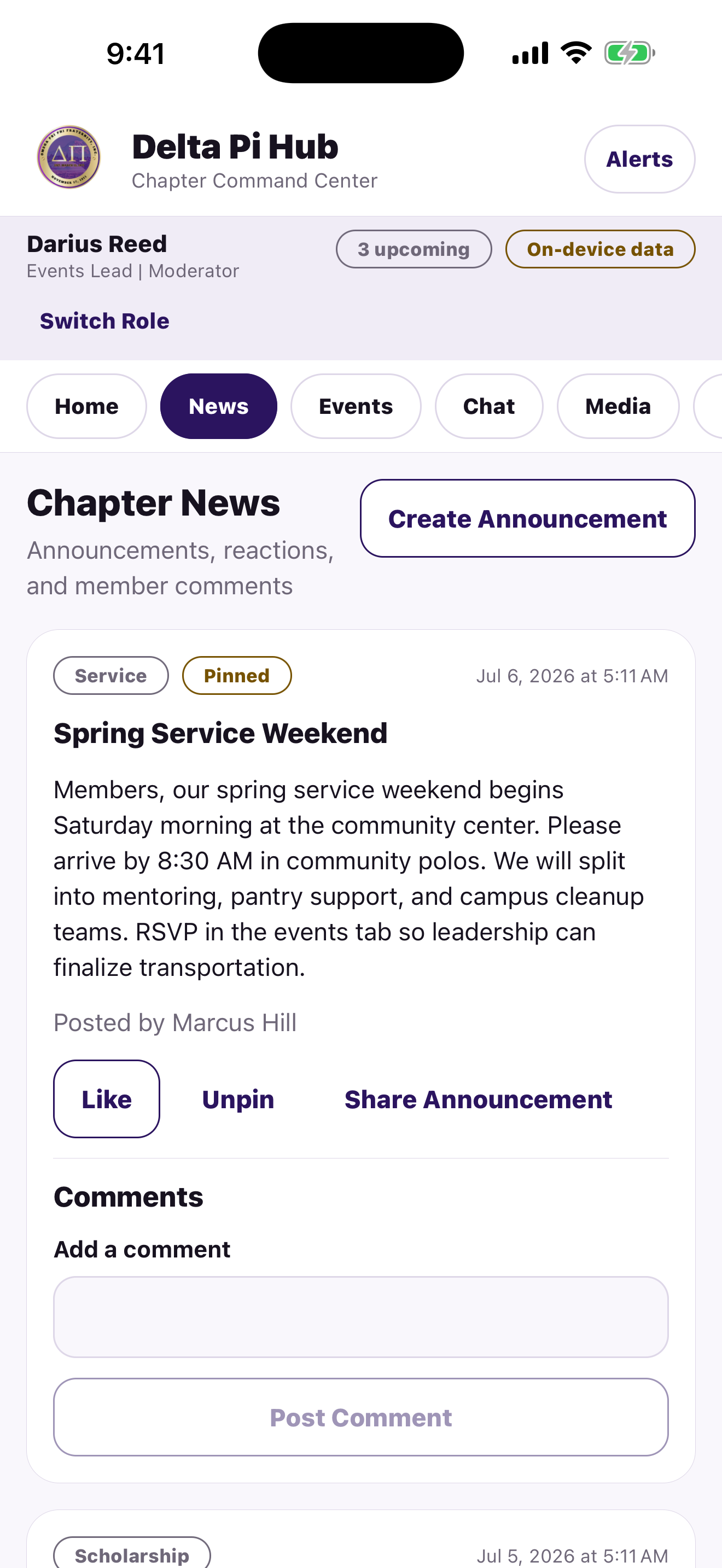 Delta Pi Hub iOS announcements screen with fictional content