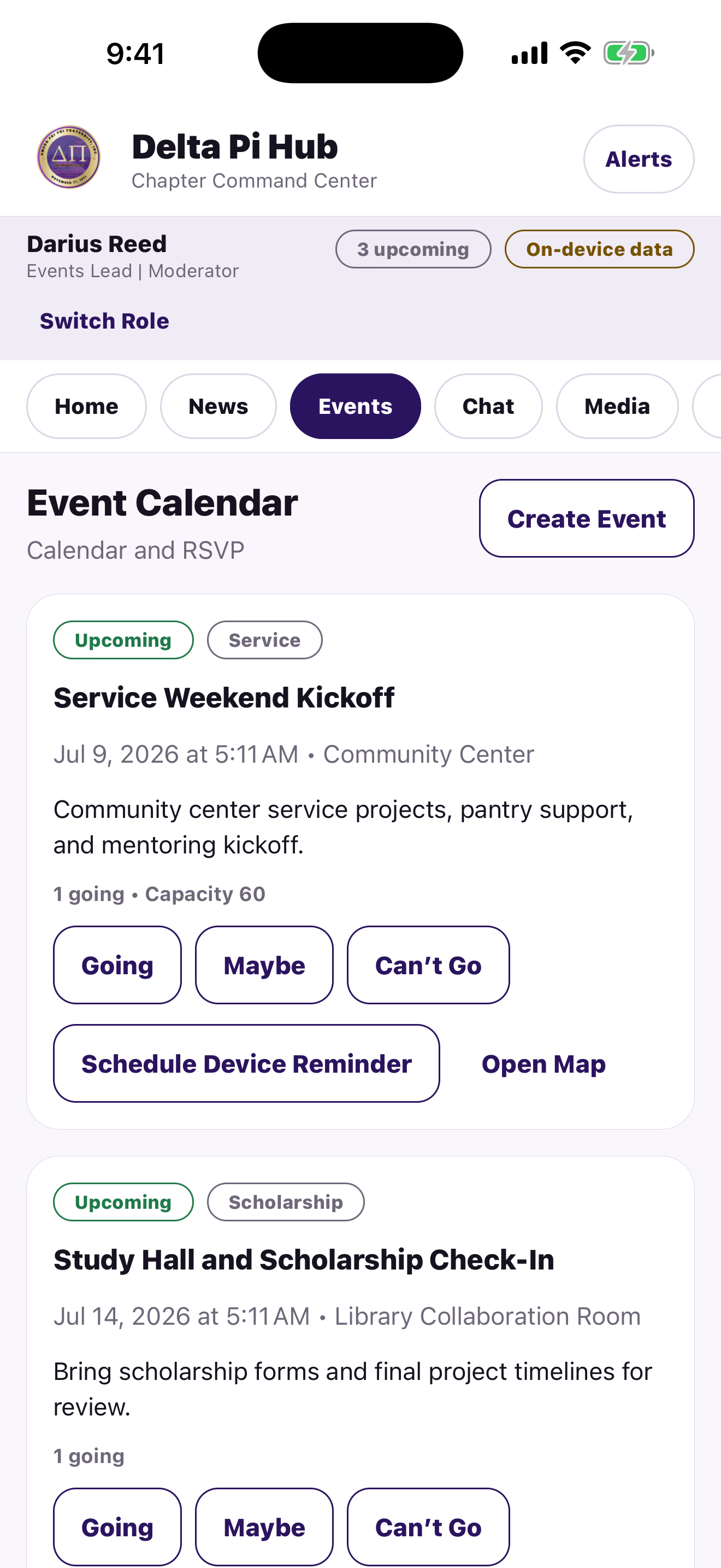 Delta Pi Hub iOS event and RSVP screen with fictional content