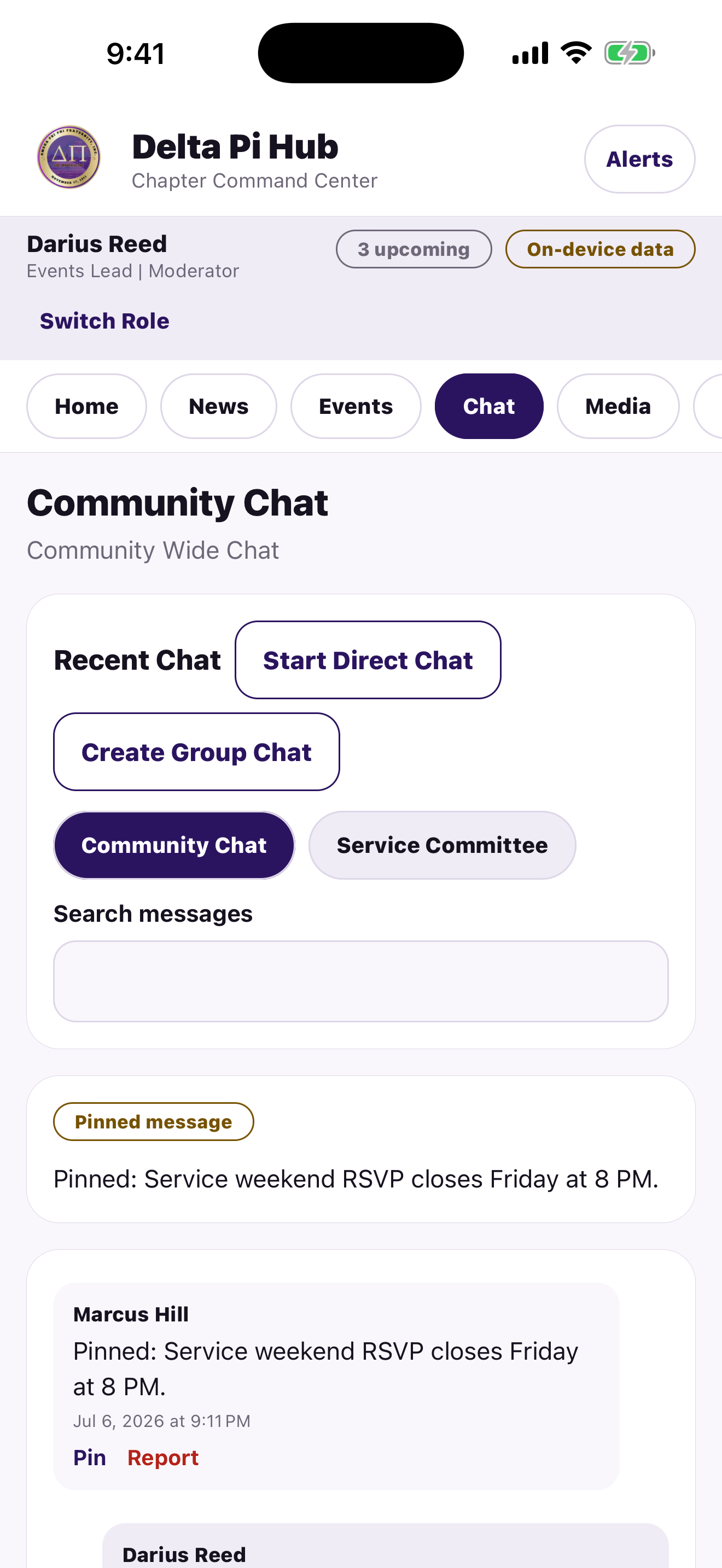 Delta Pi Hub iOS chapter conversation screen with fictional content