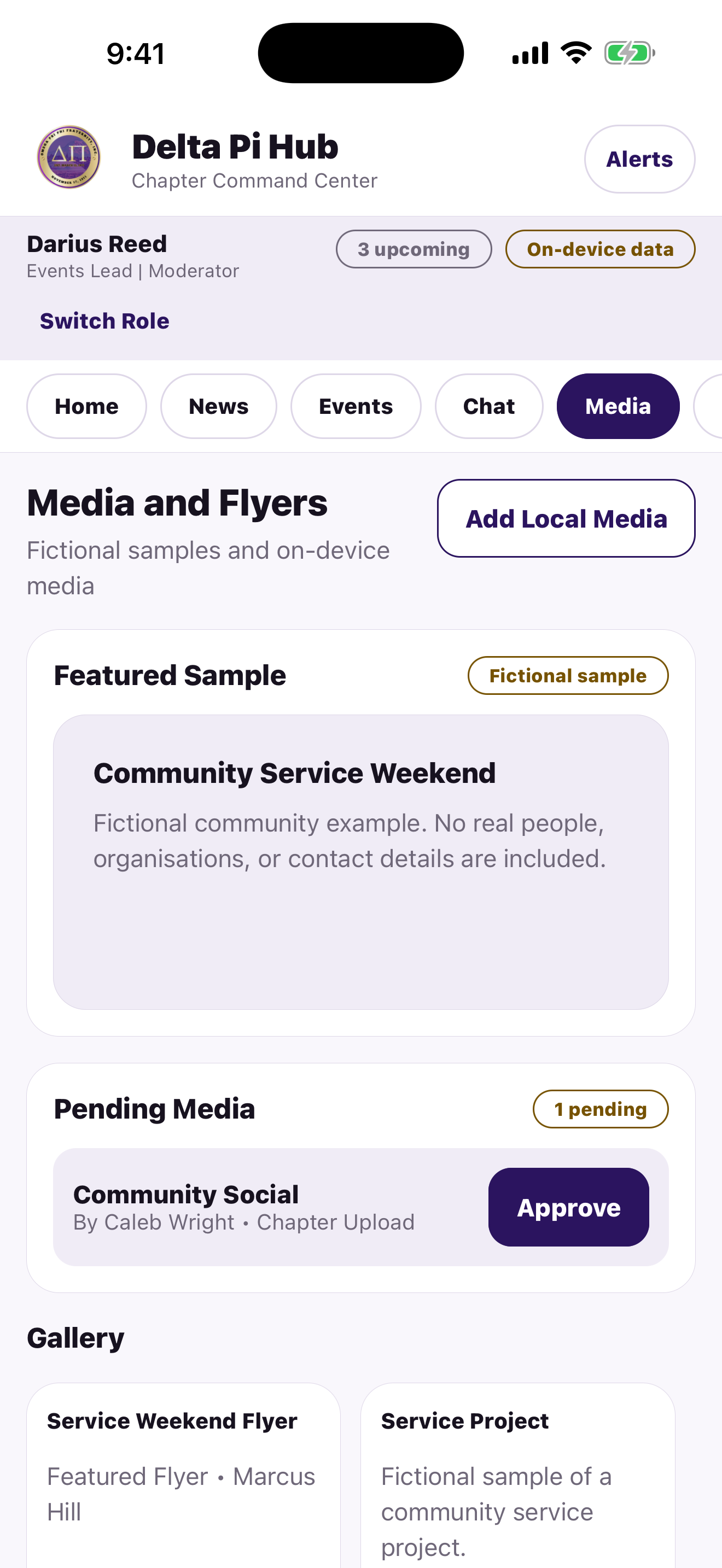 Delta Pi Hub iOS media screen with fictional content