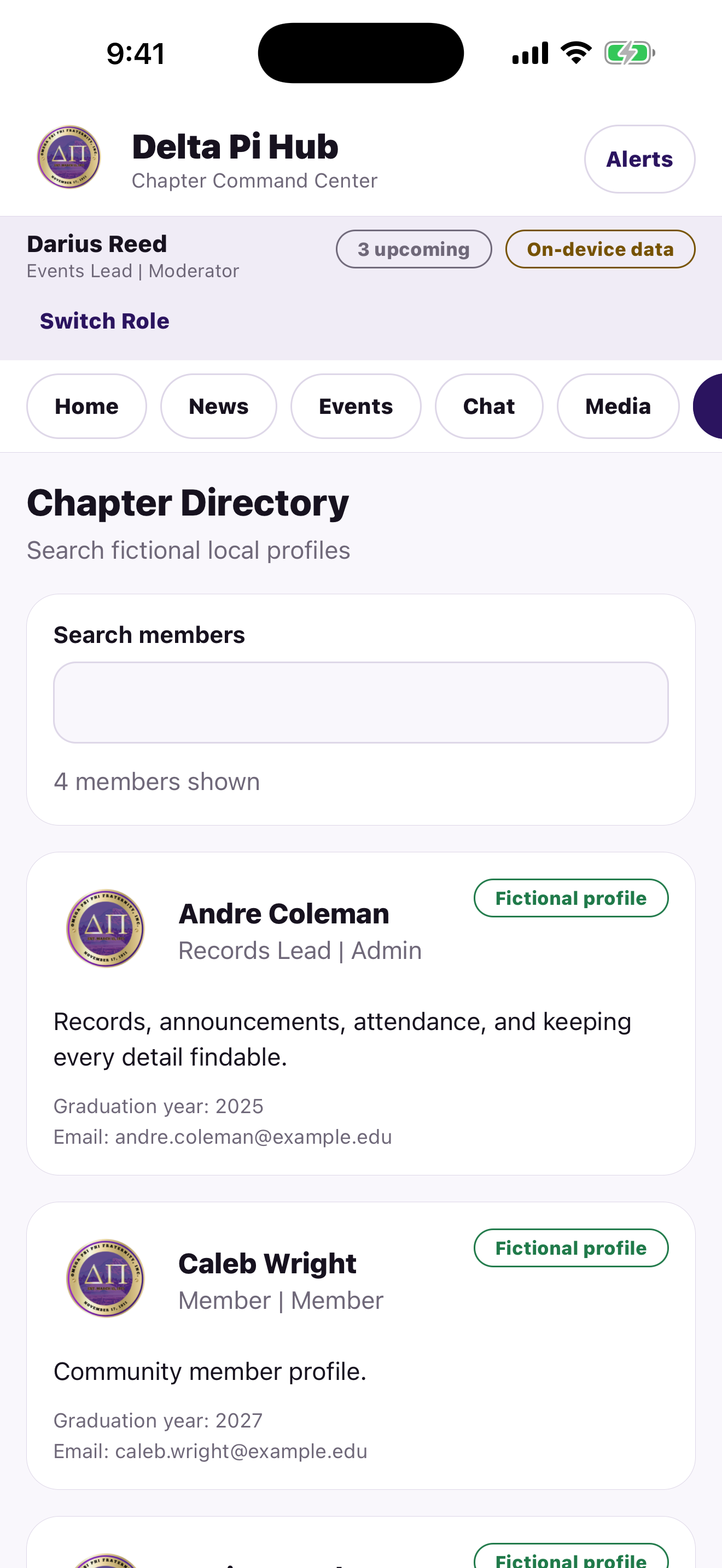 Delta Pi Hub iOS member directory screen with fictional profiles